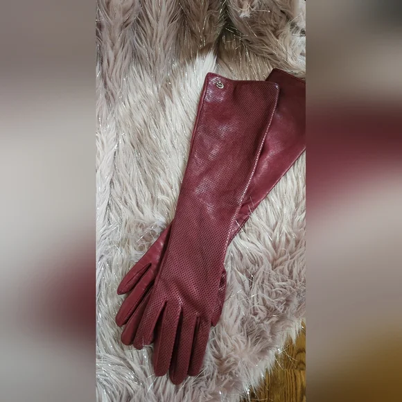 2 Pairs Of Elegant Teal Leather Gloves And Long Burgundy Leather Gloves - Picture 4 of 9